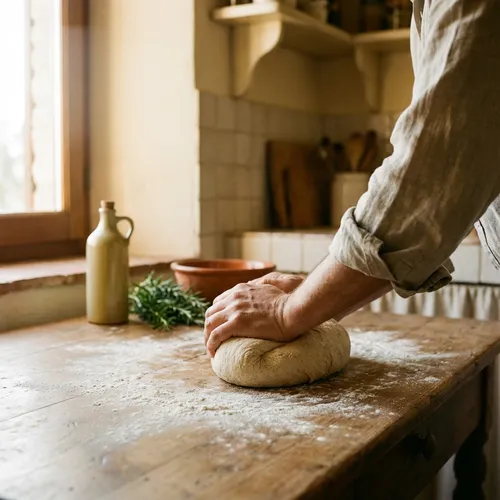 Mãos a amassar pão numa cozinha portuguesa